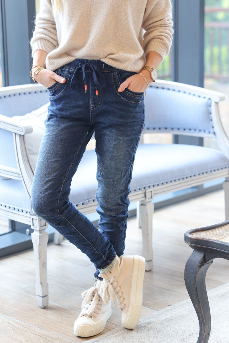 Washed denim stretch jeans jegging style with ties