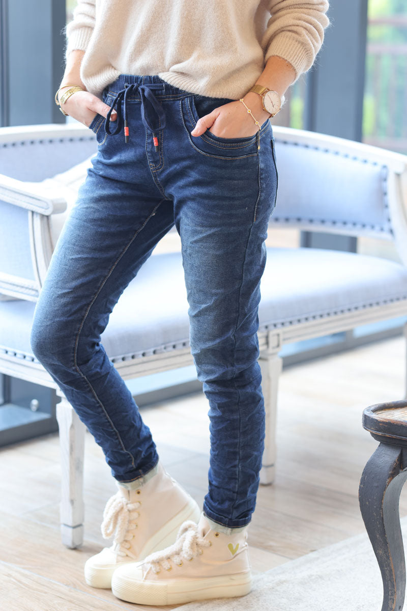Washed denim stretch jeans jegging style with ties