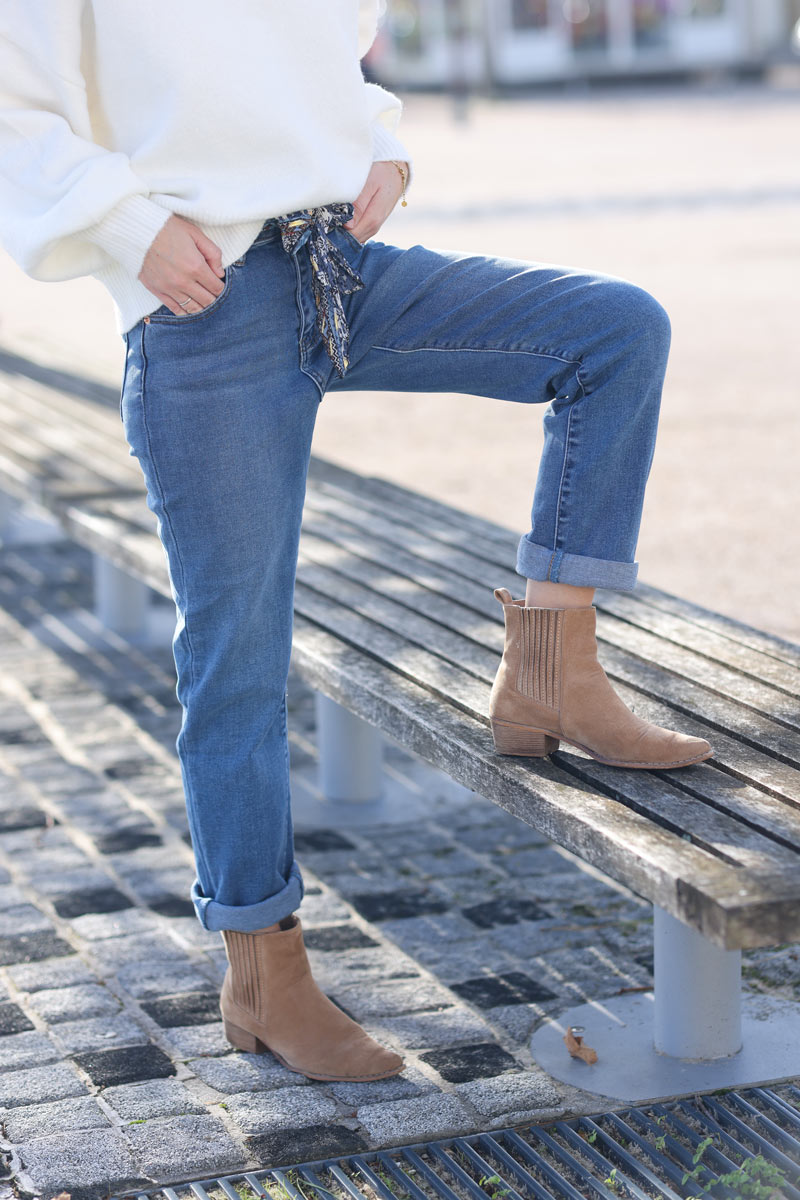 Washed blue denim stretch jeans with scarf belt