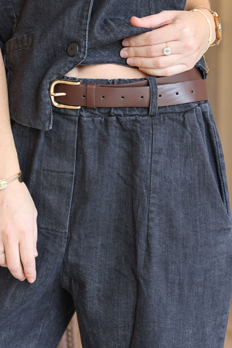 Black washed jean utility peg trousers with faux leather belt