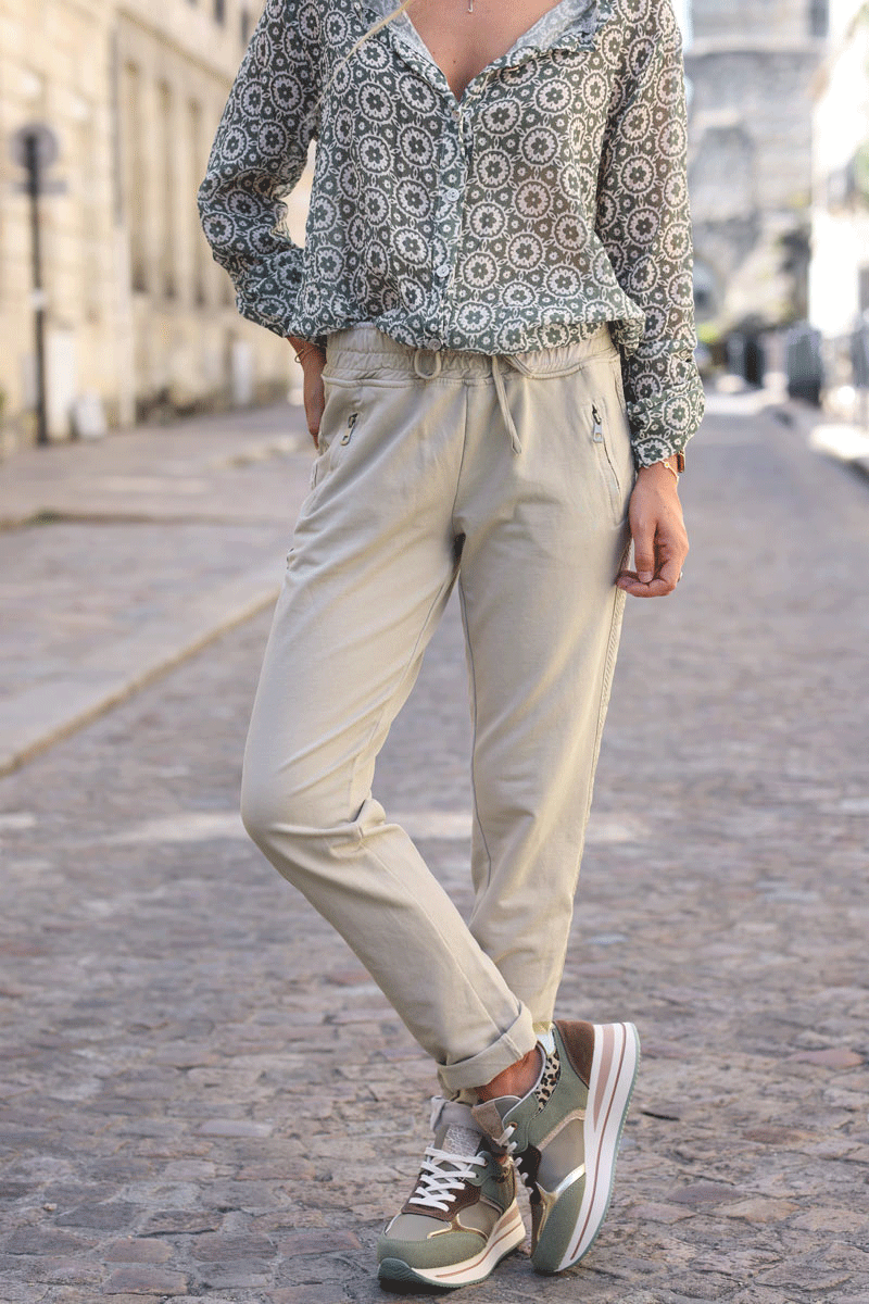 Beige cotton sweatpants bottoms with embroidered cheveron outseams