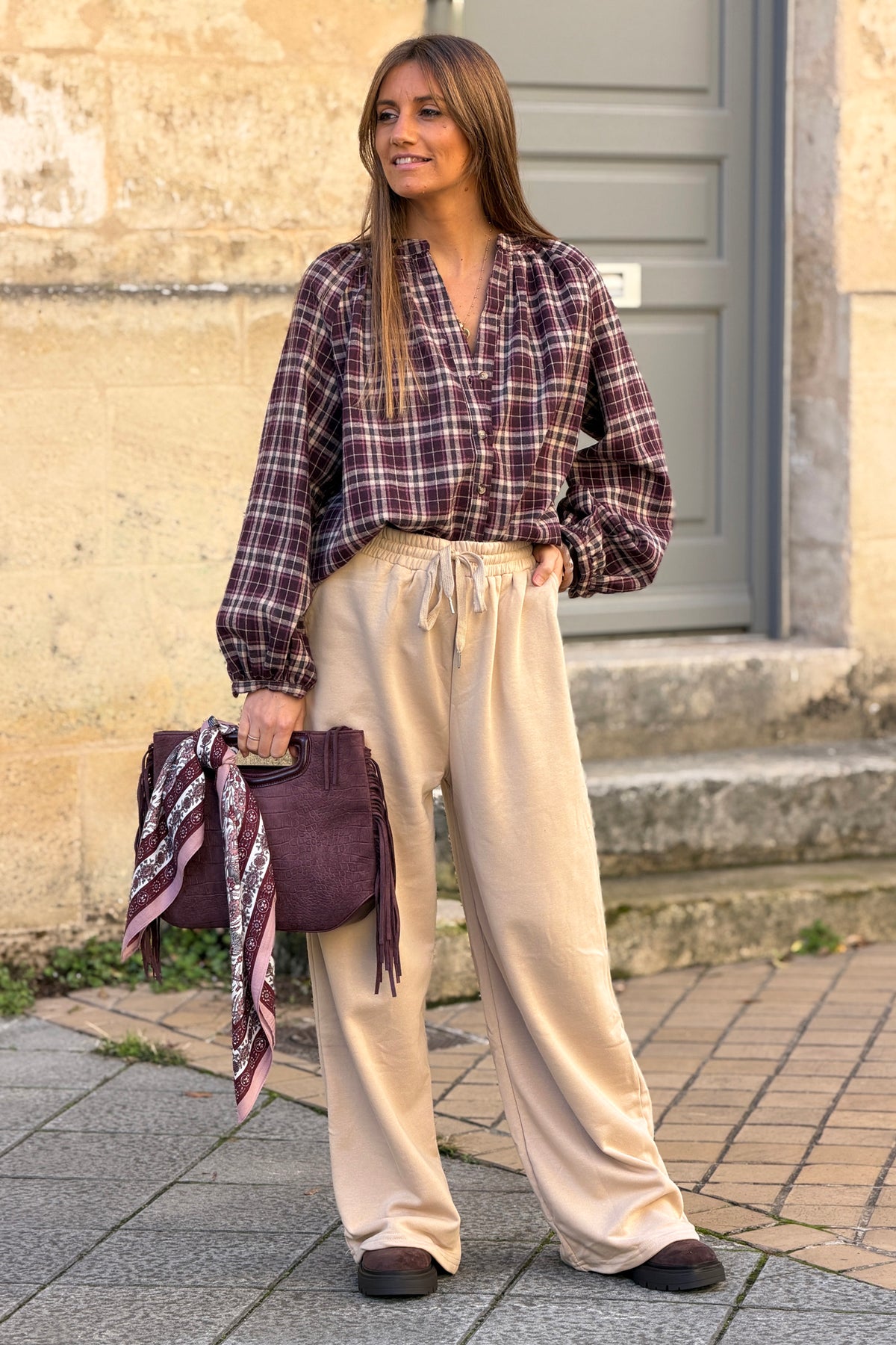 Jogging beige wide leg en coton taille élastique