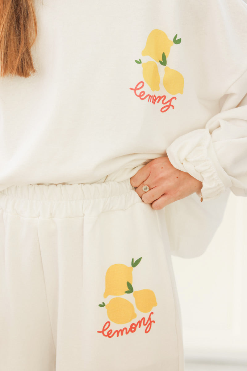 Jogging blanc coupe large confort ceinture élastique citrons lemons délavé