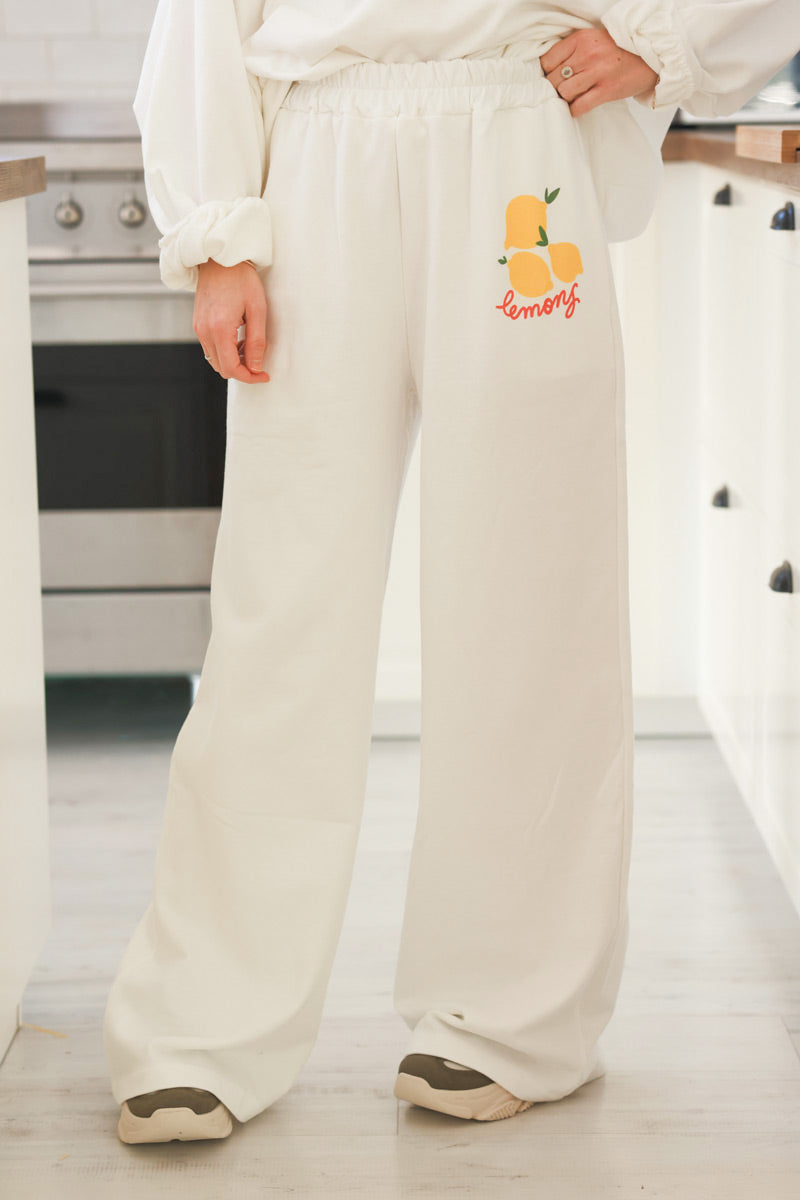 White “Lemons” Knit Lounge Pants