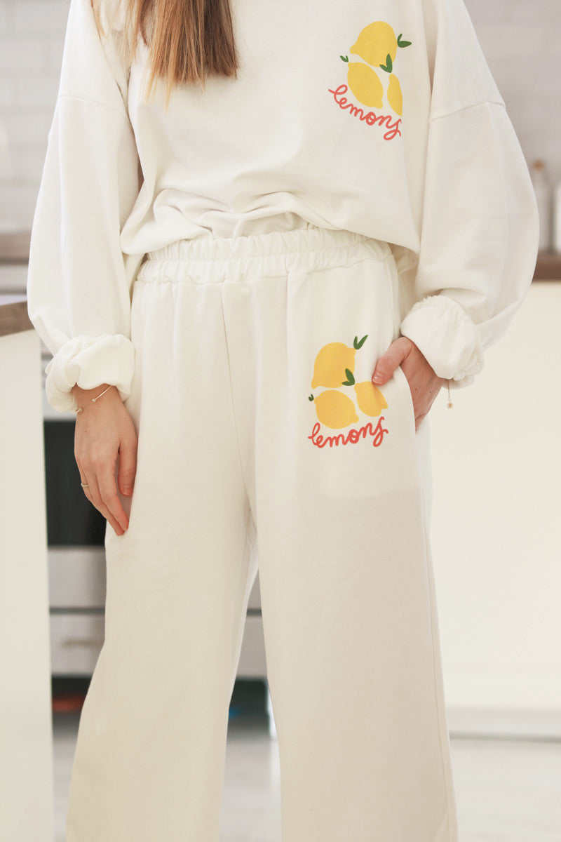 Pantalón de jogging blanco con corte amplio y cómodo, cintura elástica, limones, limones lavados