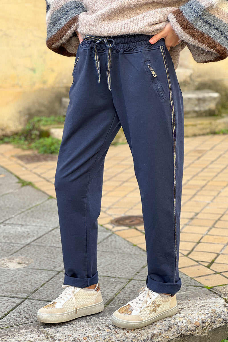 Navy Metallic Racing Stripe Joggers

