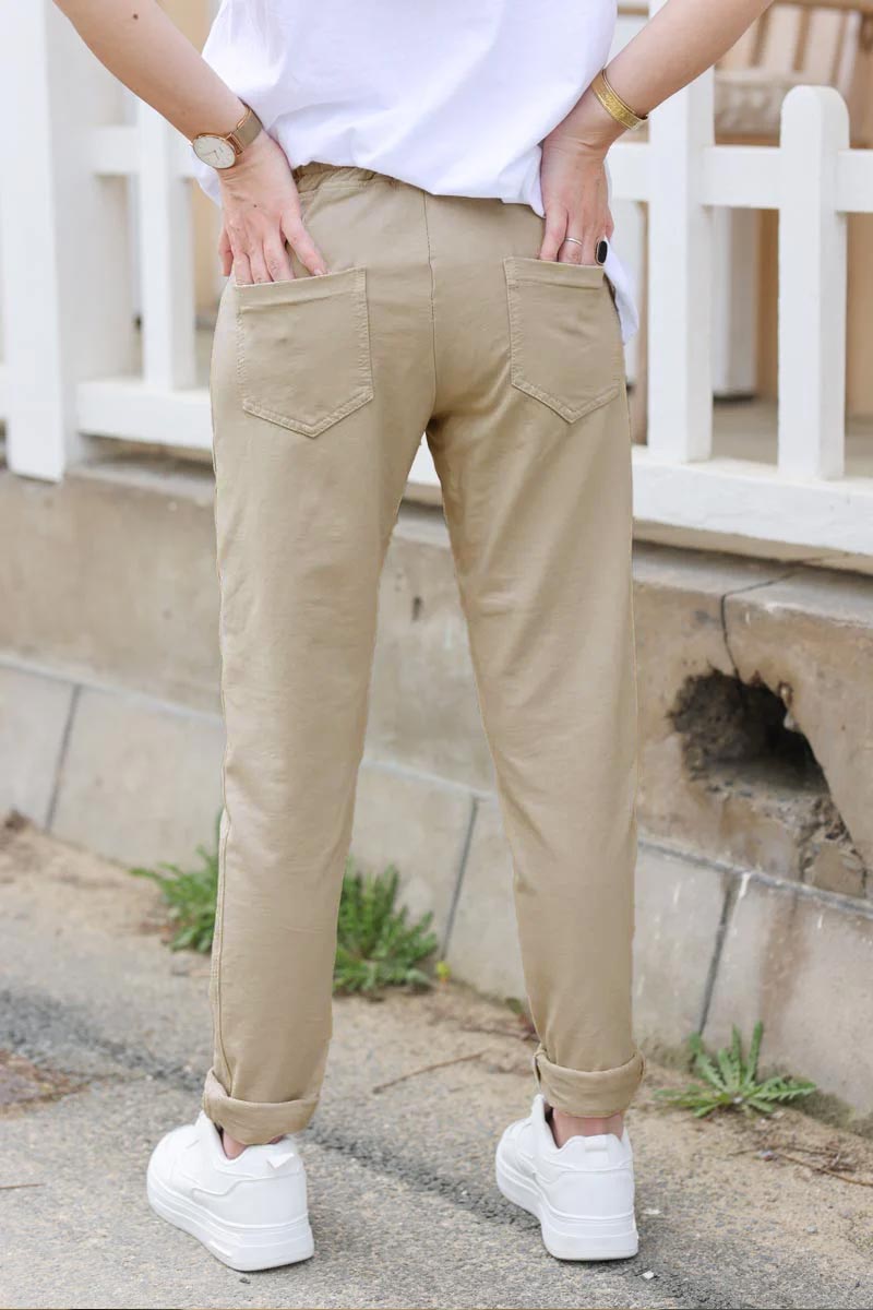 Beige cotton comfort sweatpants with silver glitter seams