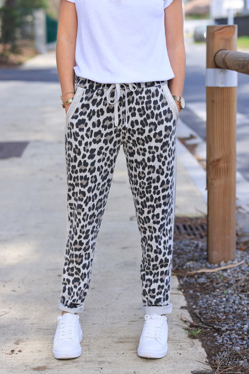 Leopard print comfort sweat pants with satin outseams