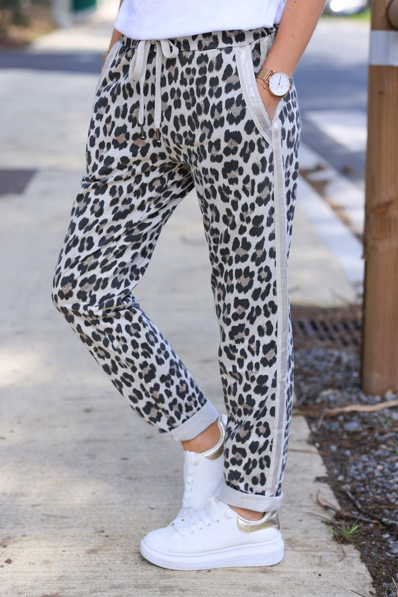 Leopard print comfort sweat pants with satin outseams
