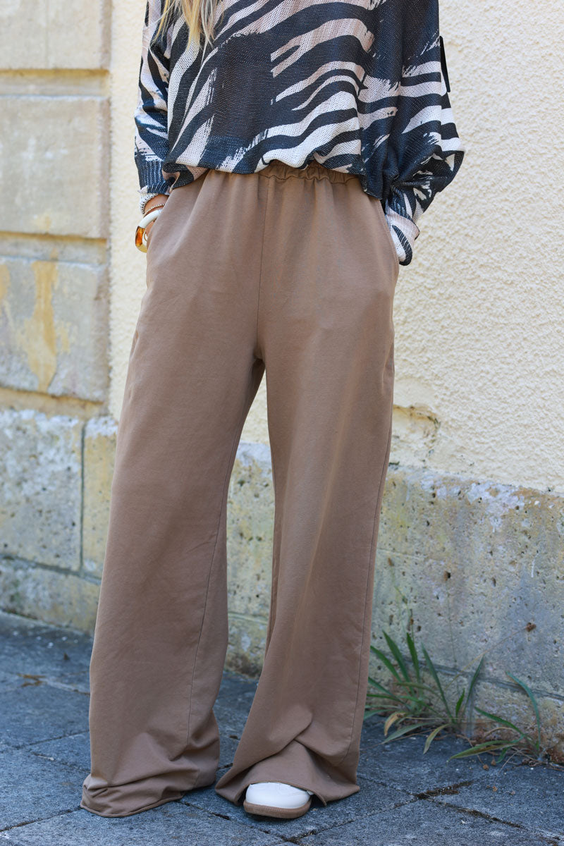 Camel stretch cotton wide leg flared sweatpants