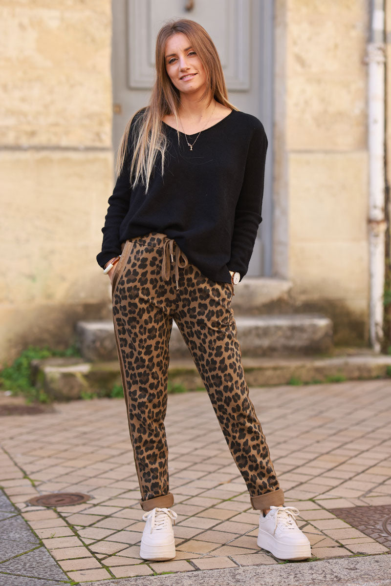 Camel Leopard print comfort sweat pants with satin outseams