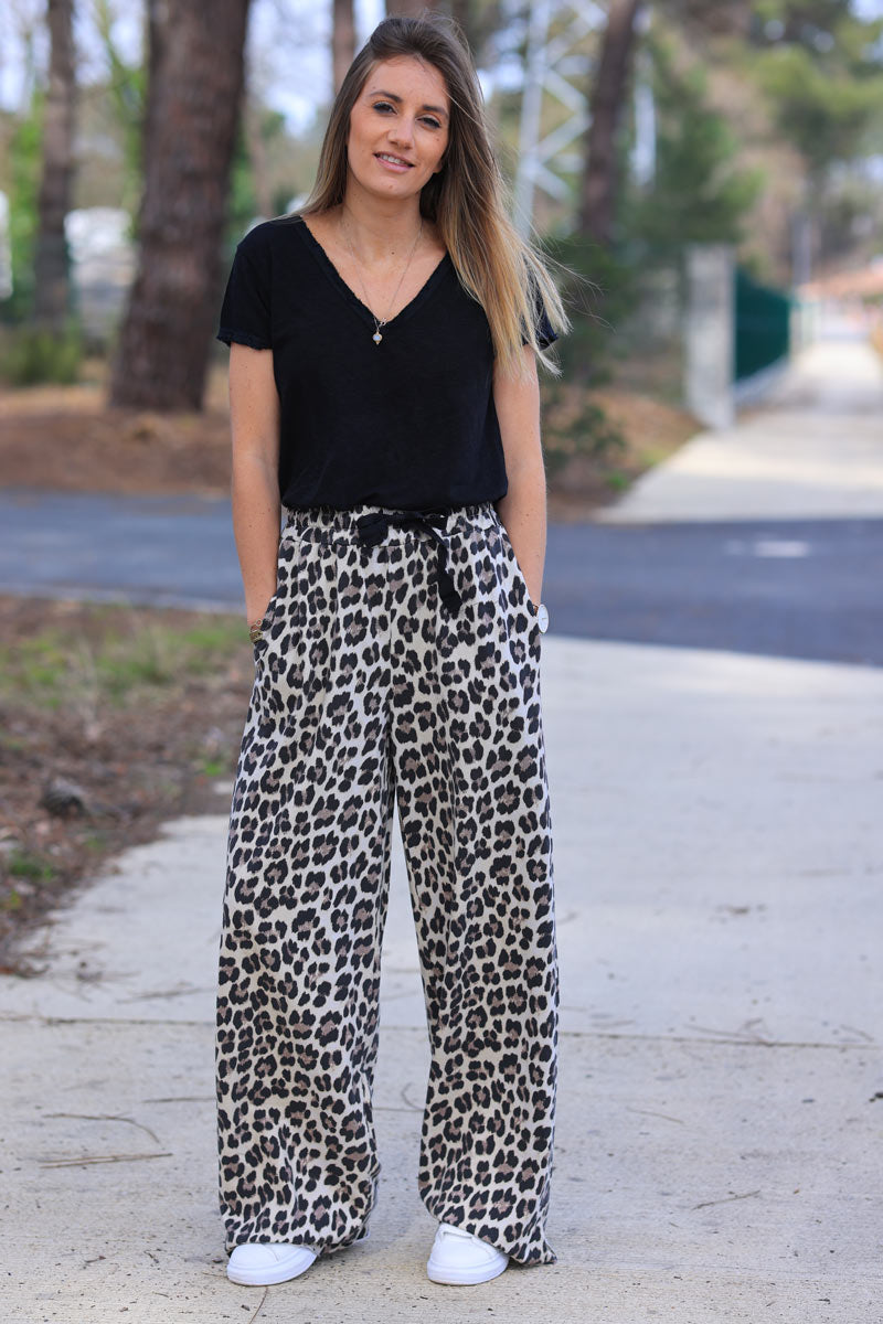Leopard print stretch cotton wide leg flared sweatpants