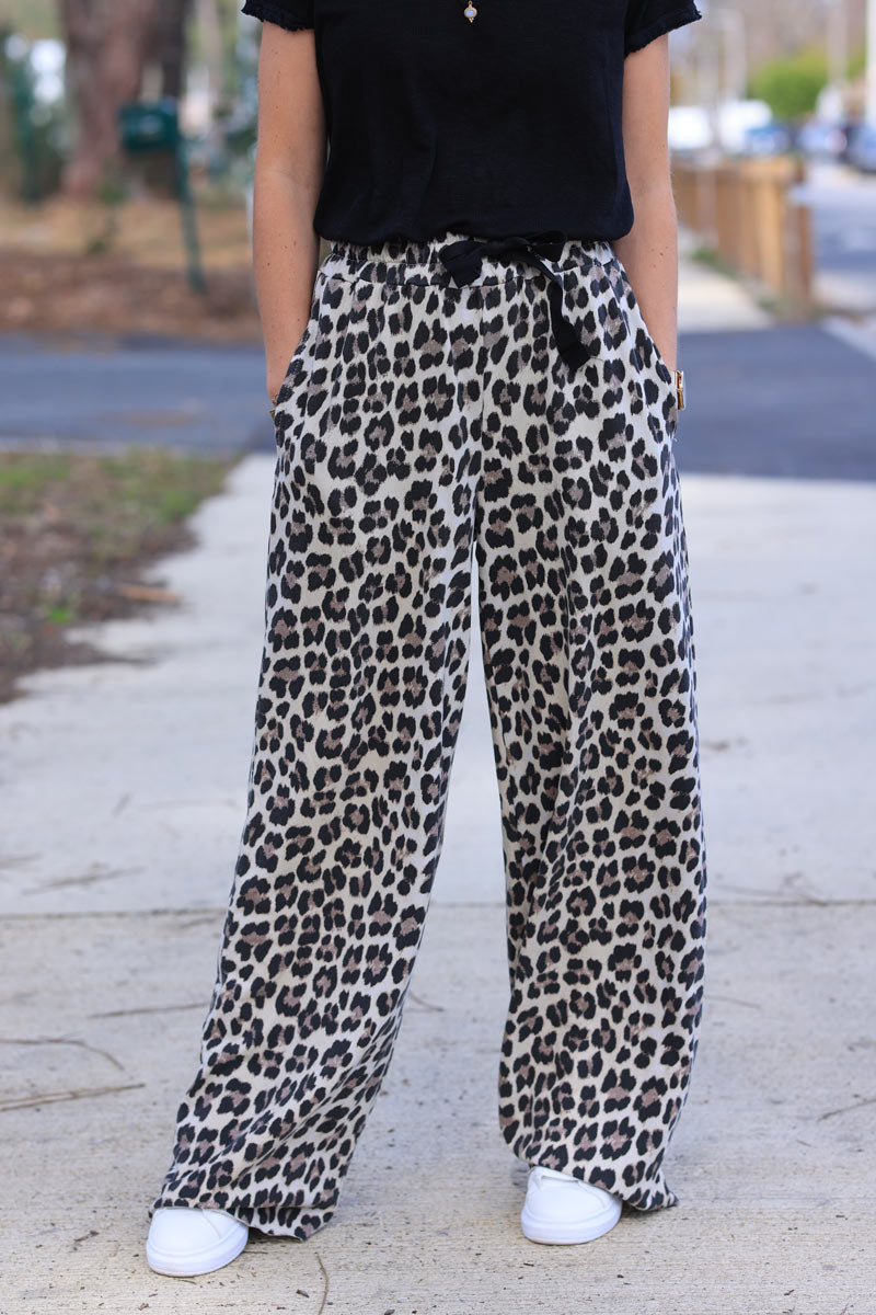 Leopard print stretch cotton wide leg flared sweatpants