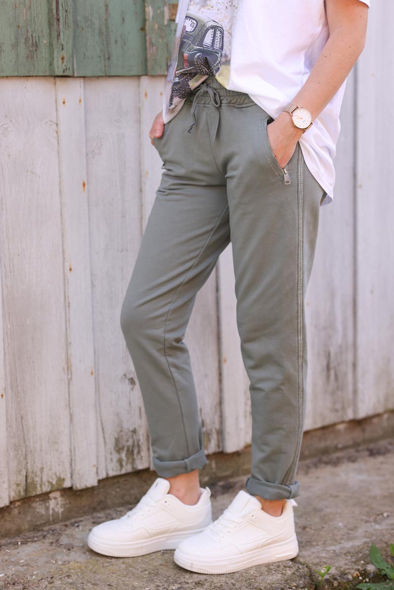 Khaki cotton comfort sweatpants with silver glitter seams