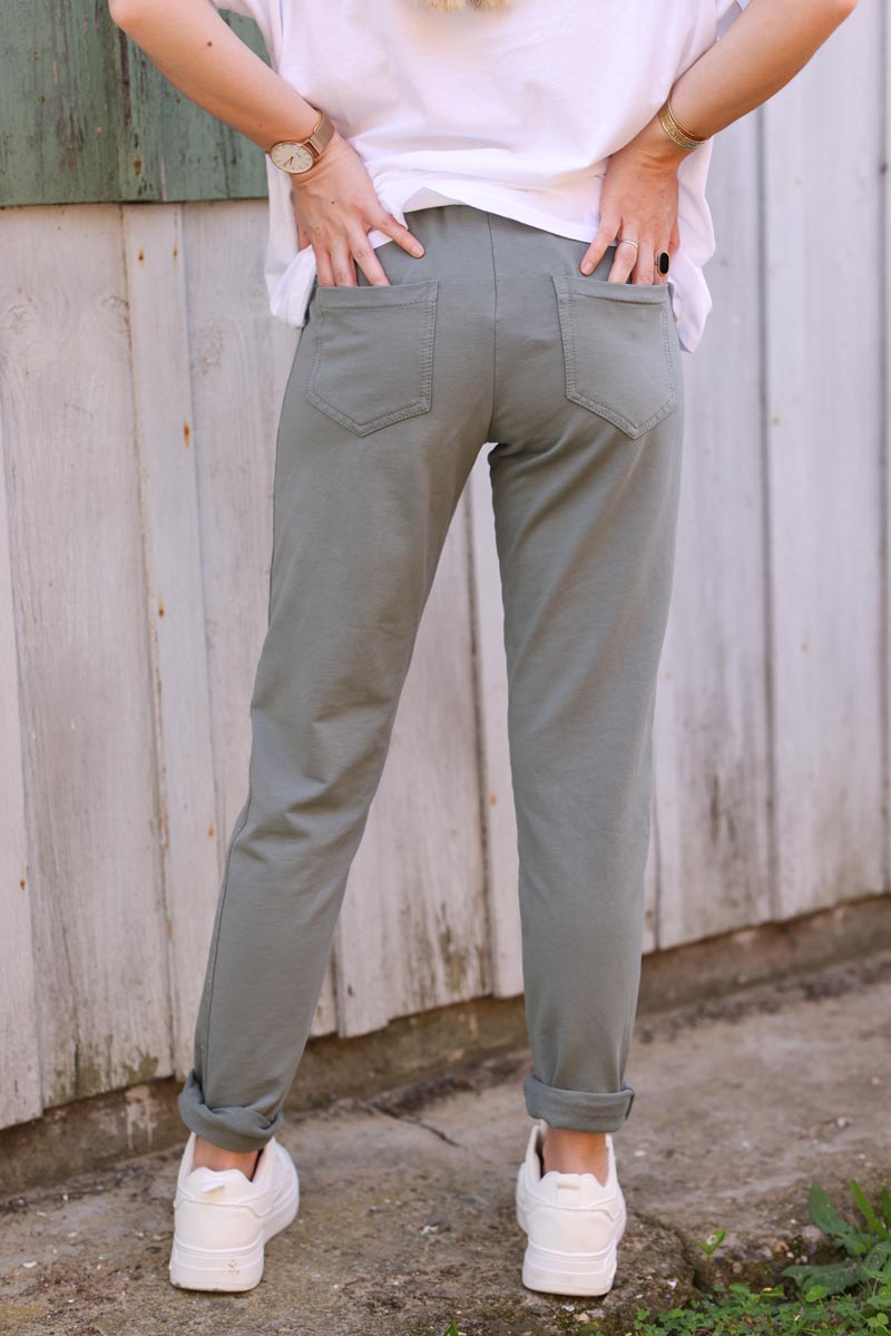 Khaki cotton comfort sweatpants with silver glitter seams