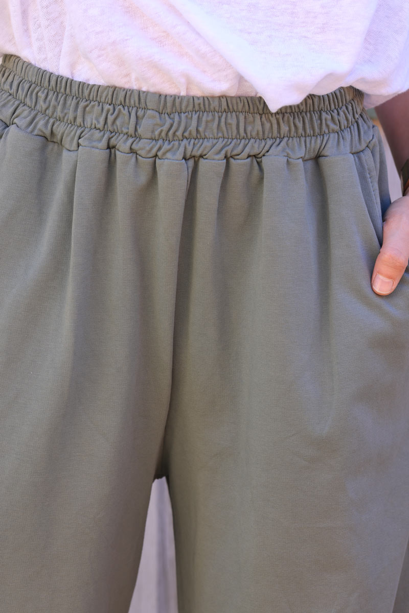 Khaki stretch cotton wide leg flared sweatpants