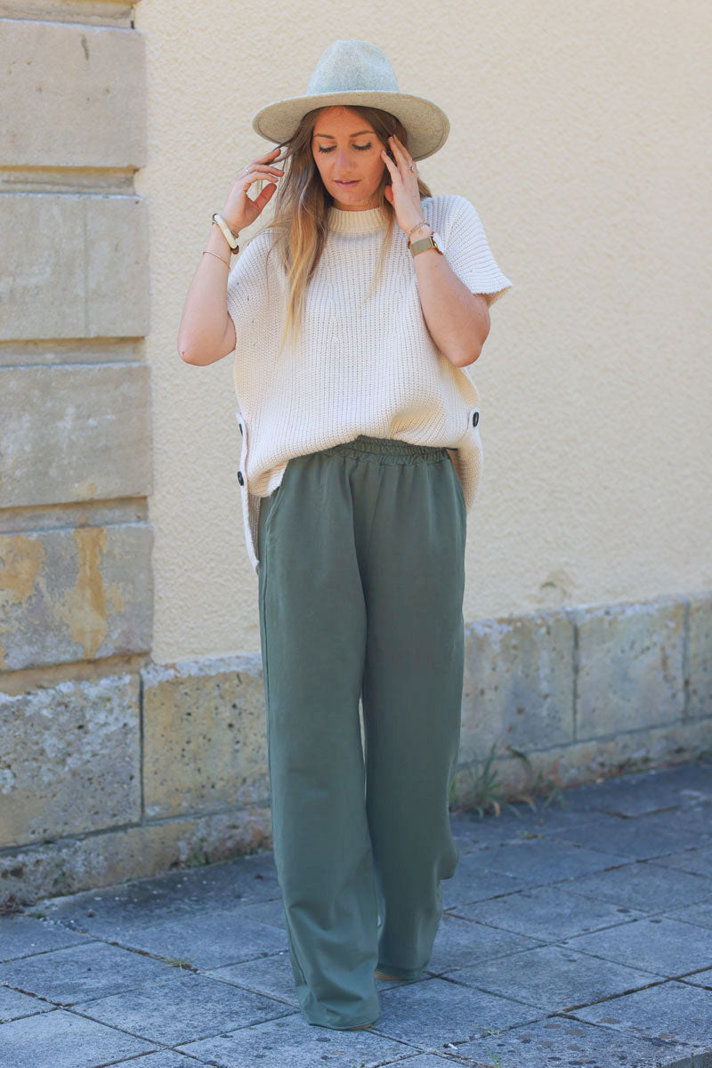 Dark khaki stretch cotton wide leg flared sweatpants