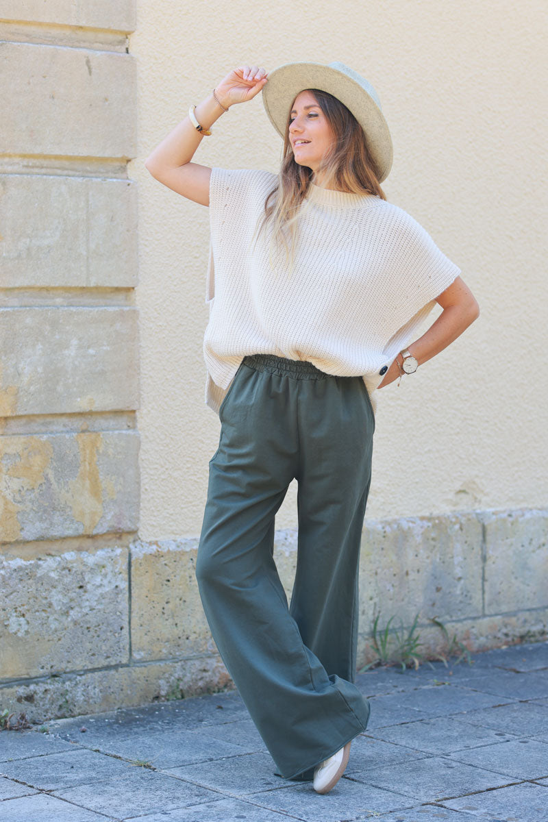 Dark khaki stretch cotton wide leg flared sweatpants