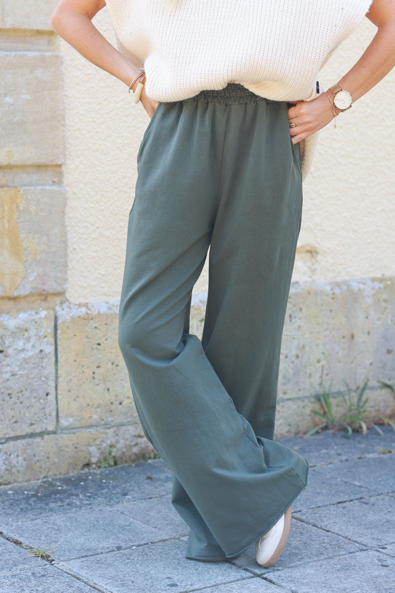 Dark khaki stretch cotton wide leg flared sweatpants