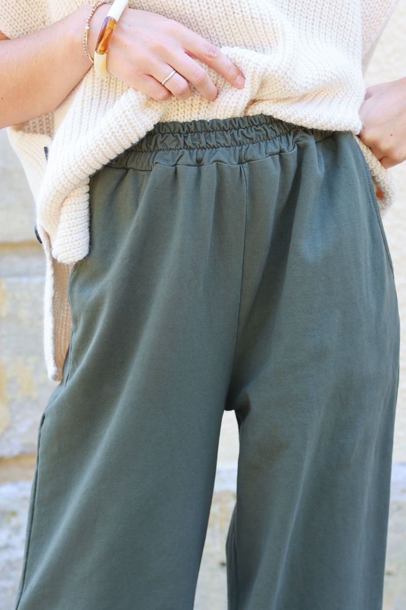 Dark khaki stretch cotton wide leg flared sweatpants