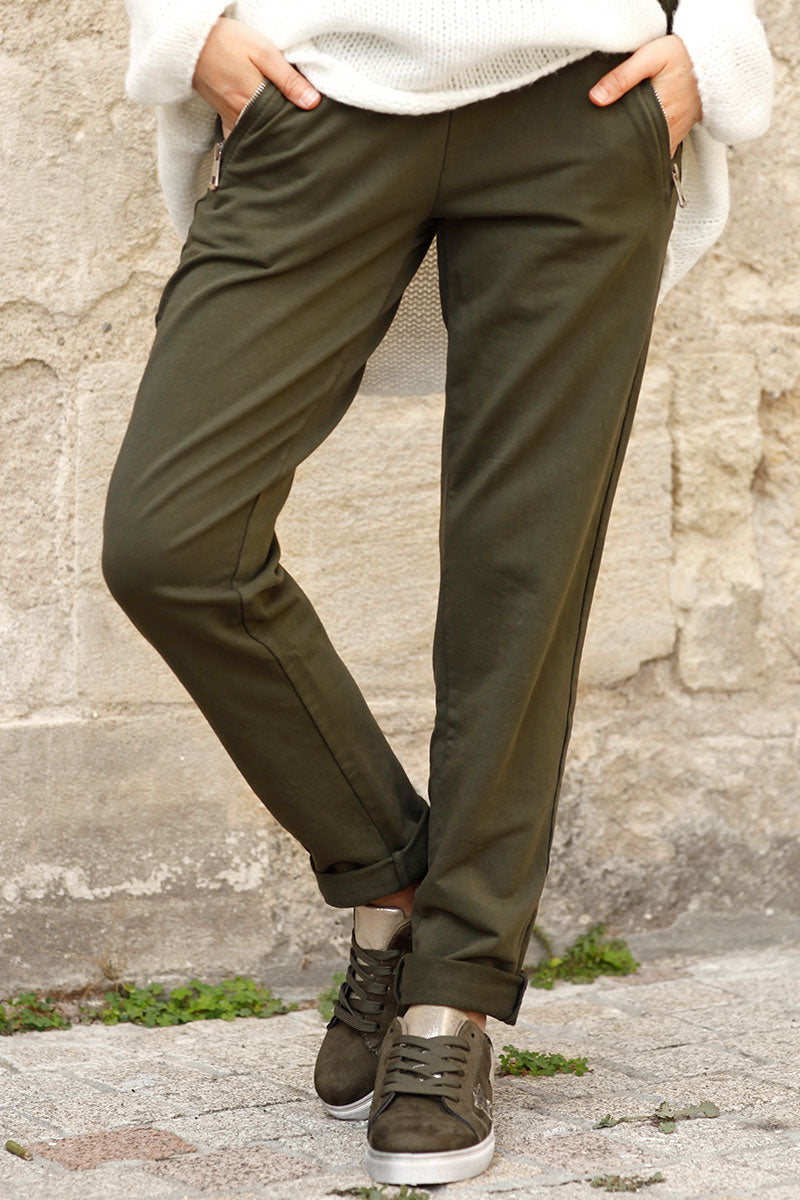 Jogging coloré kaki foncé ceinture élastique poches zip pantalon confort femme B053