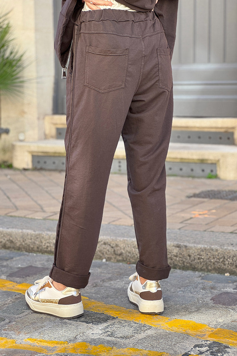 Brown Chocolate Satin Trim Ponte Knit Pull-On Pants