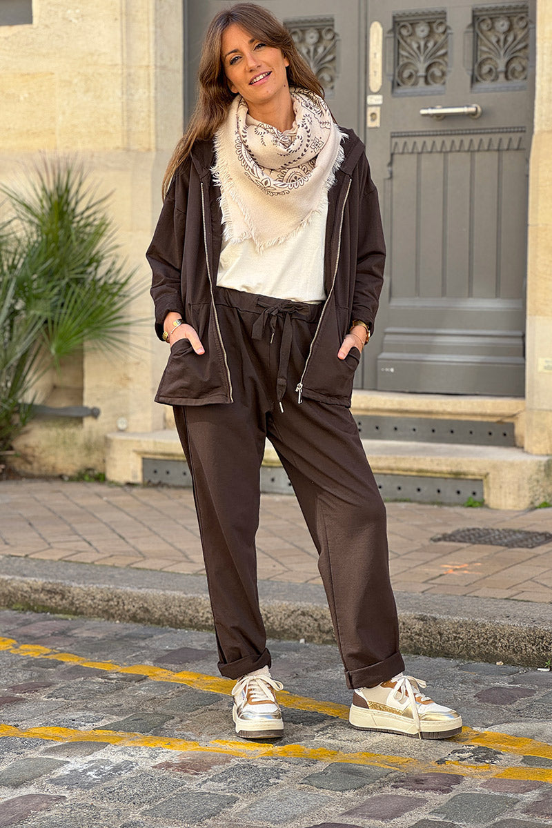 Brown Chocolate Satin Trim Ponte Knit Pull-On Pants