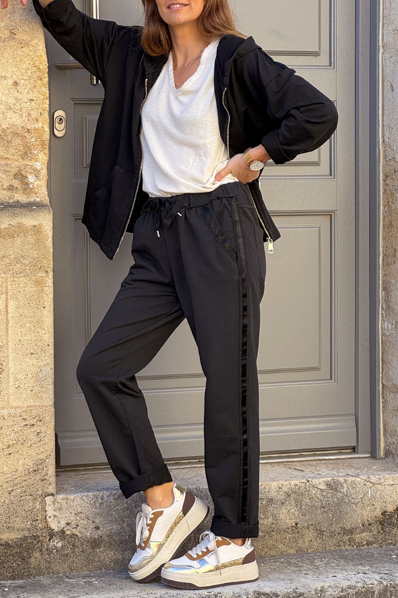 Black Satin Trim Ponte Knit Pull-On Pants