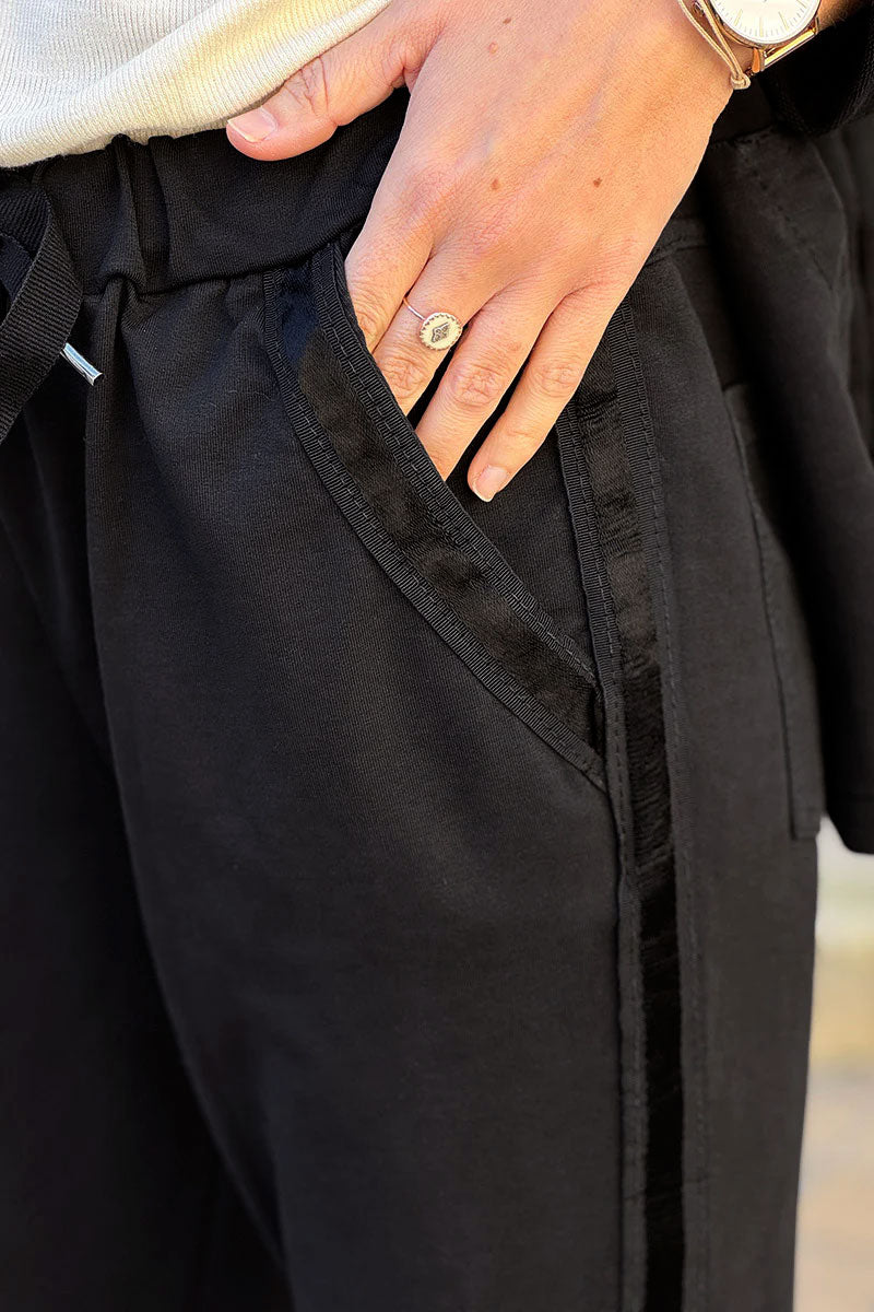 Black Satin Trim Ponte Knit Pull-On Pants
