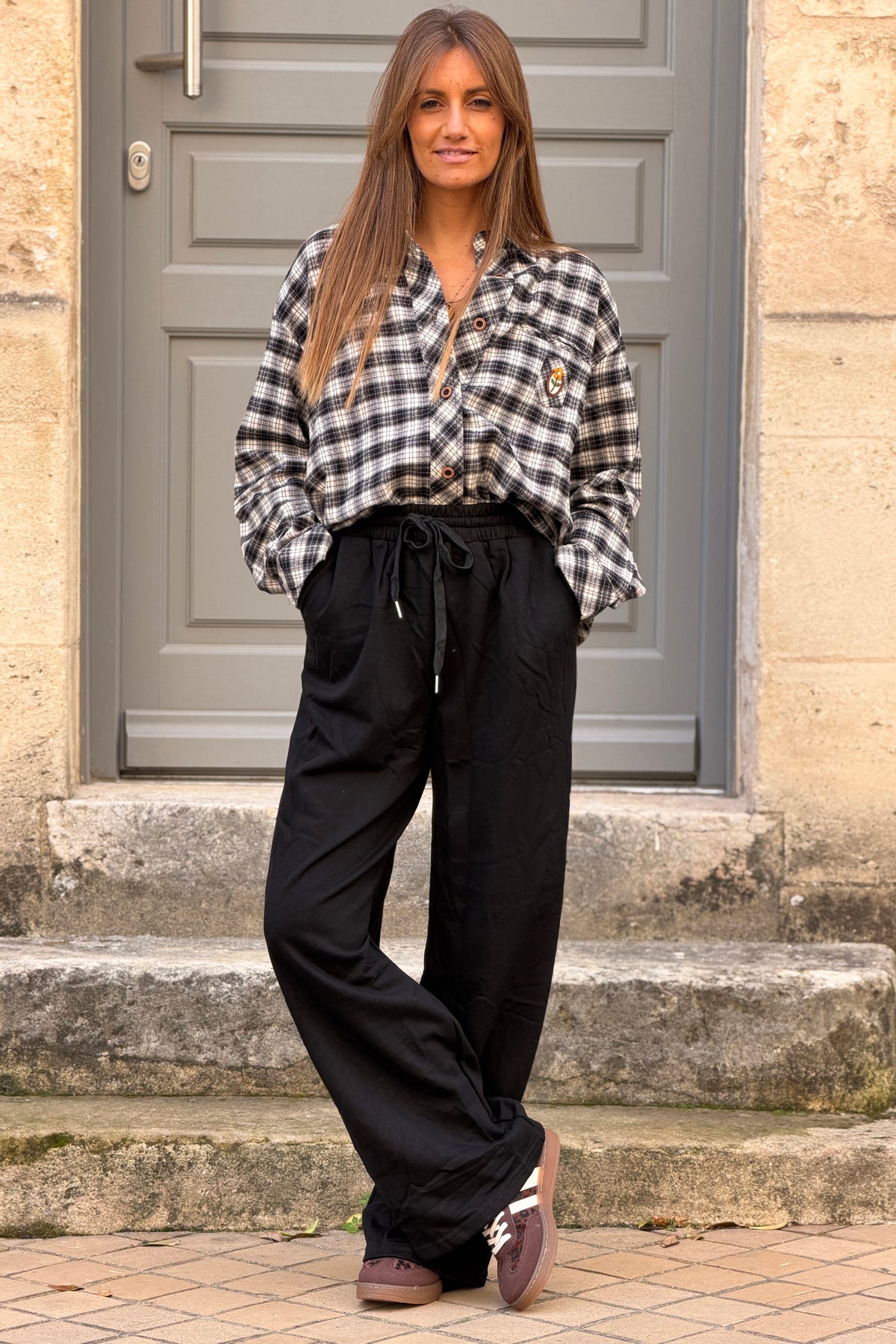 Jogging noir wide leg en coton taille élastique