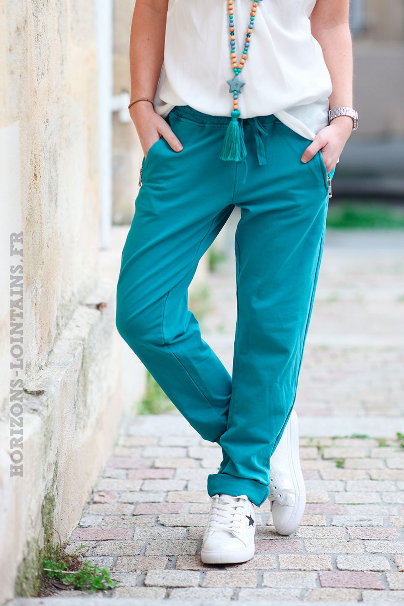 Jogging-vert-turquoise-ceinture-élastique-poches-zip-b053