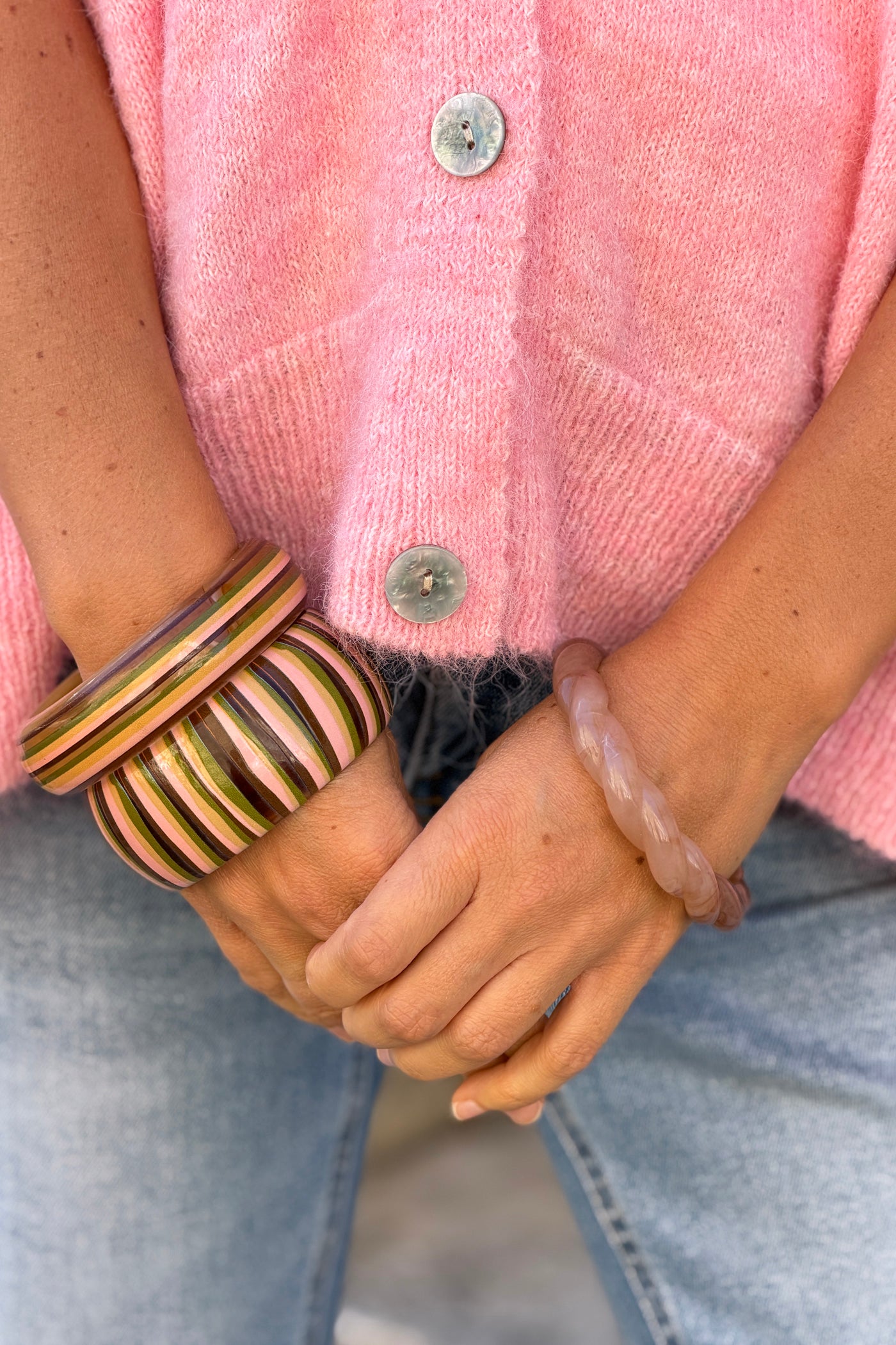 Yellow Multi Vertical Stripe Wide Bangle