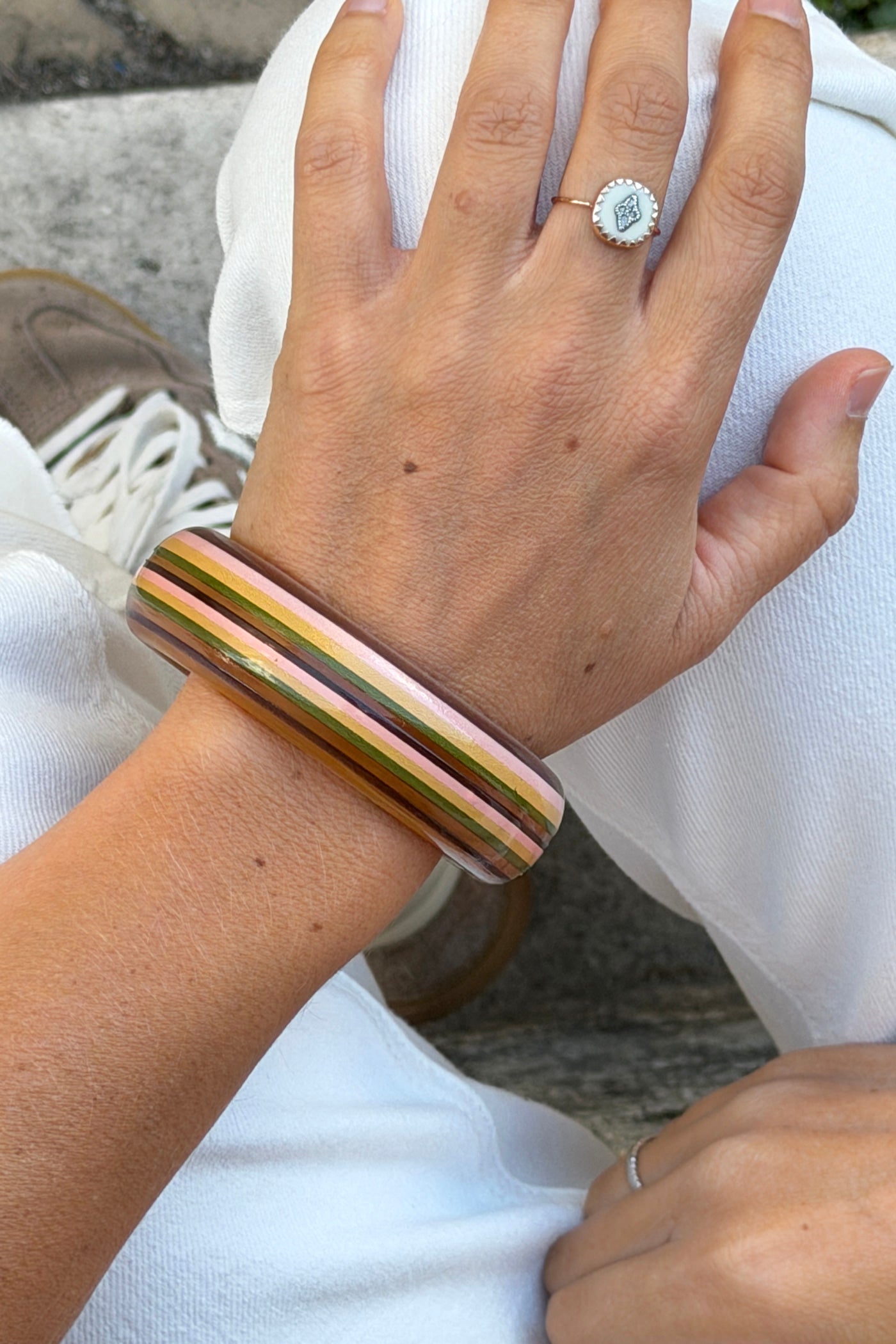Yellow Multi Vertical Stripe Wide Bangle