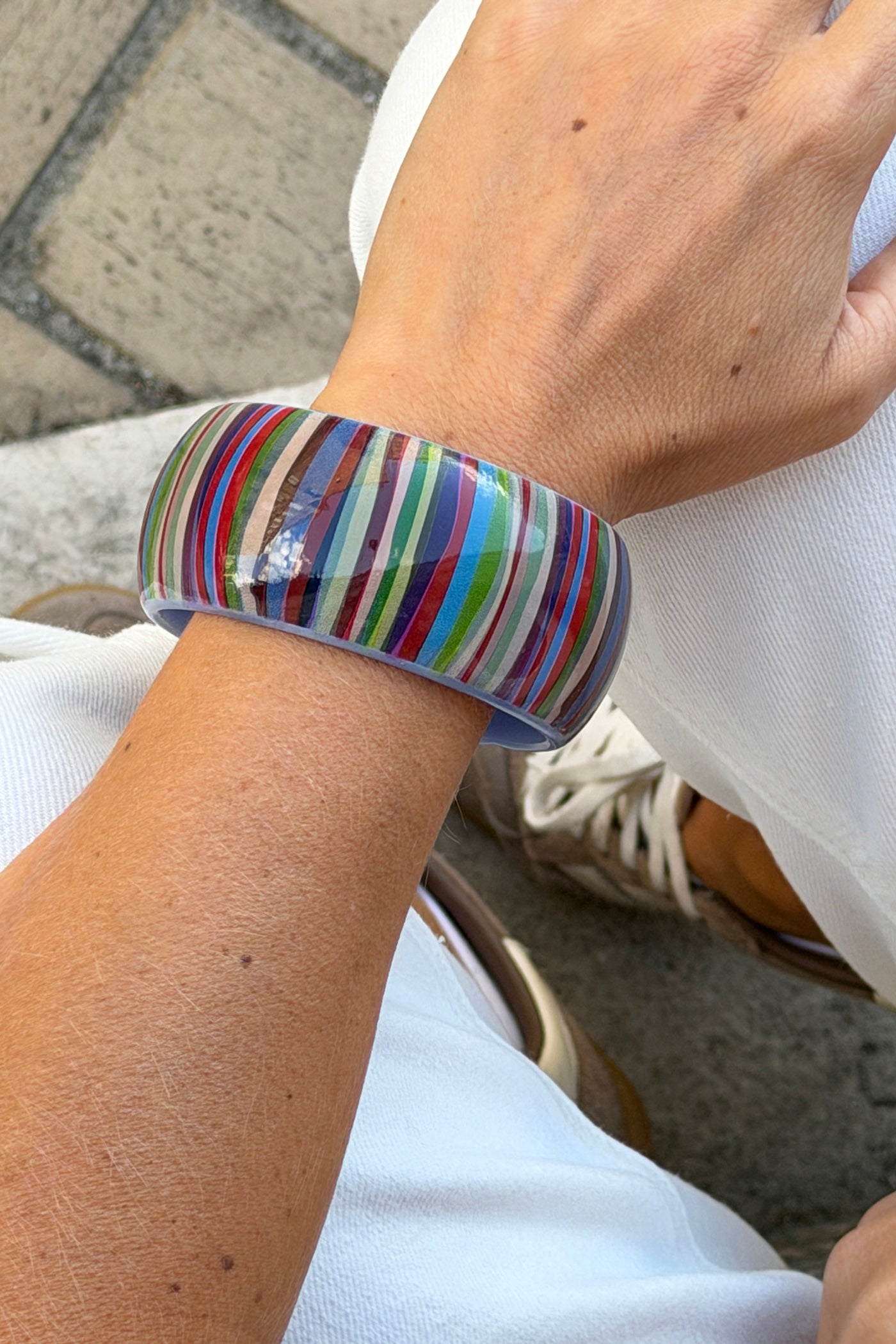 Green Multi Horizontal Stripe Wide Bangle