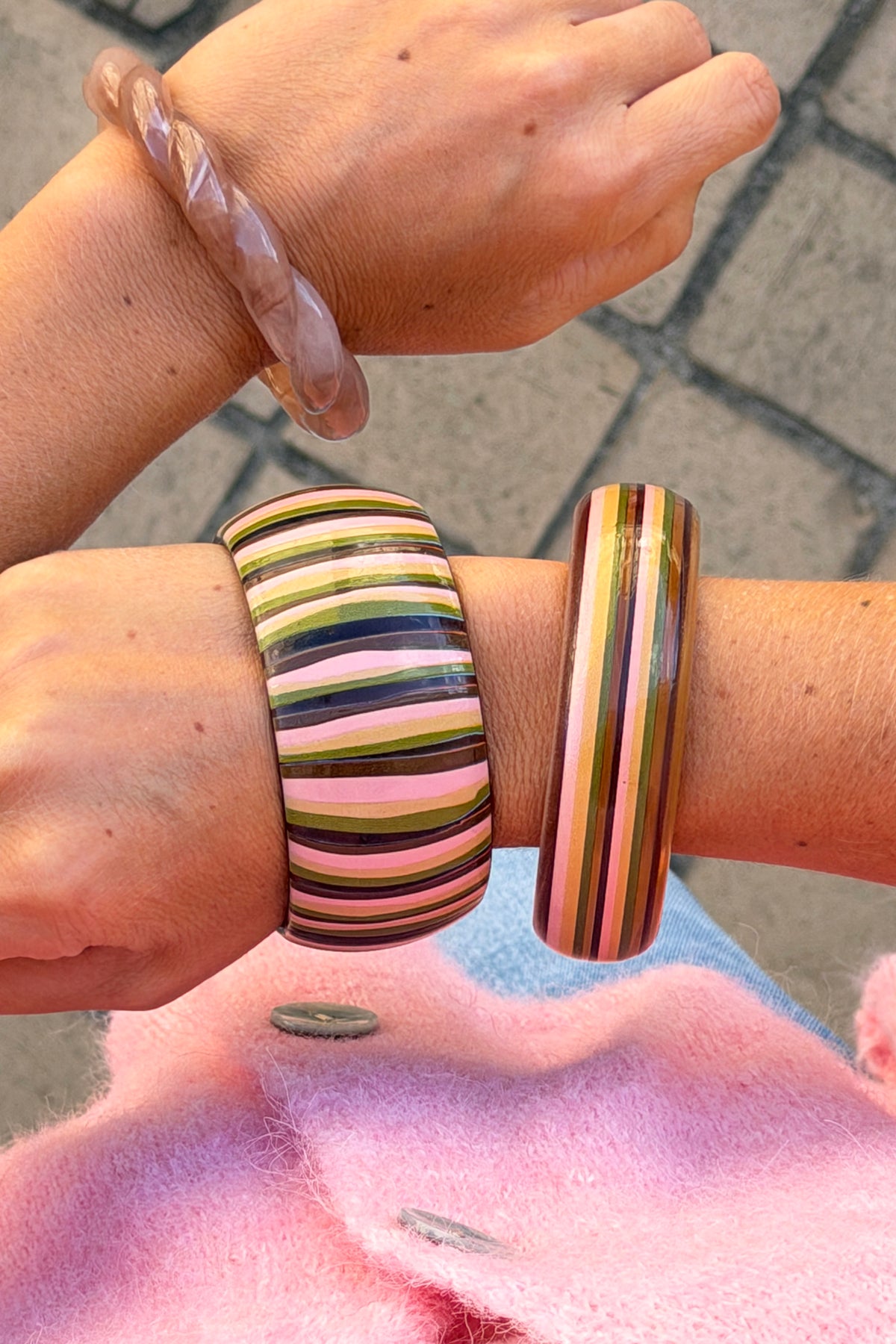 Pink Multi Horizontal Stripe Wide Bangle
