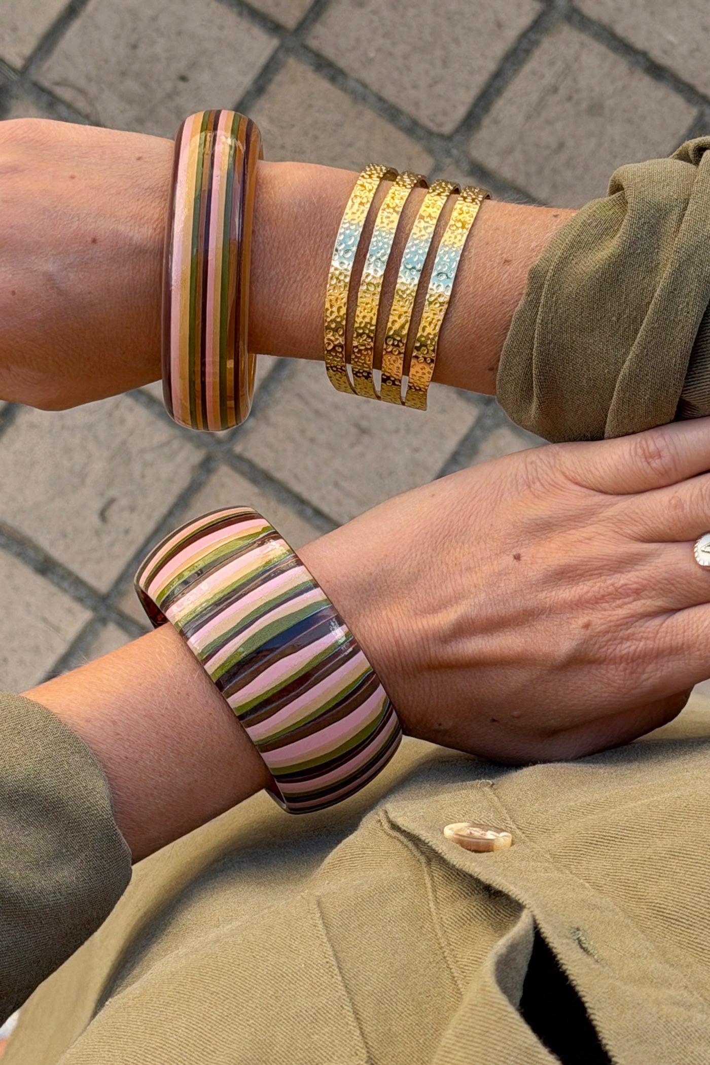Pink Multi Horizontal Stripe Wide Bangle
