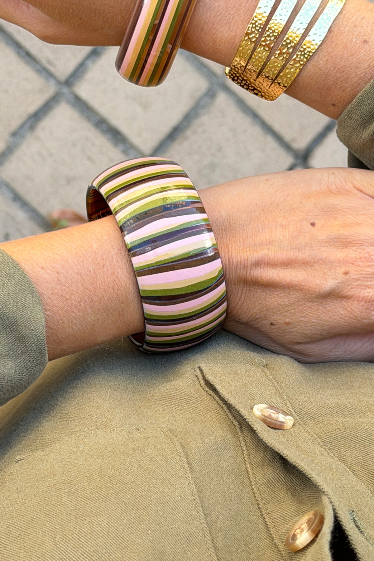 Pink Multi Horizontal Stripe Wide Bangle