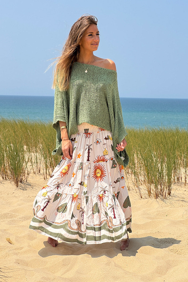 Olive Boho Art Maxi Skirt