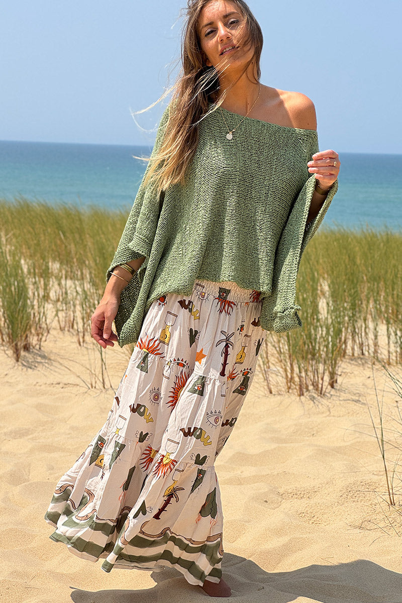 Olive Boho Art Maxi Skirt