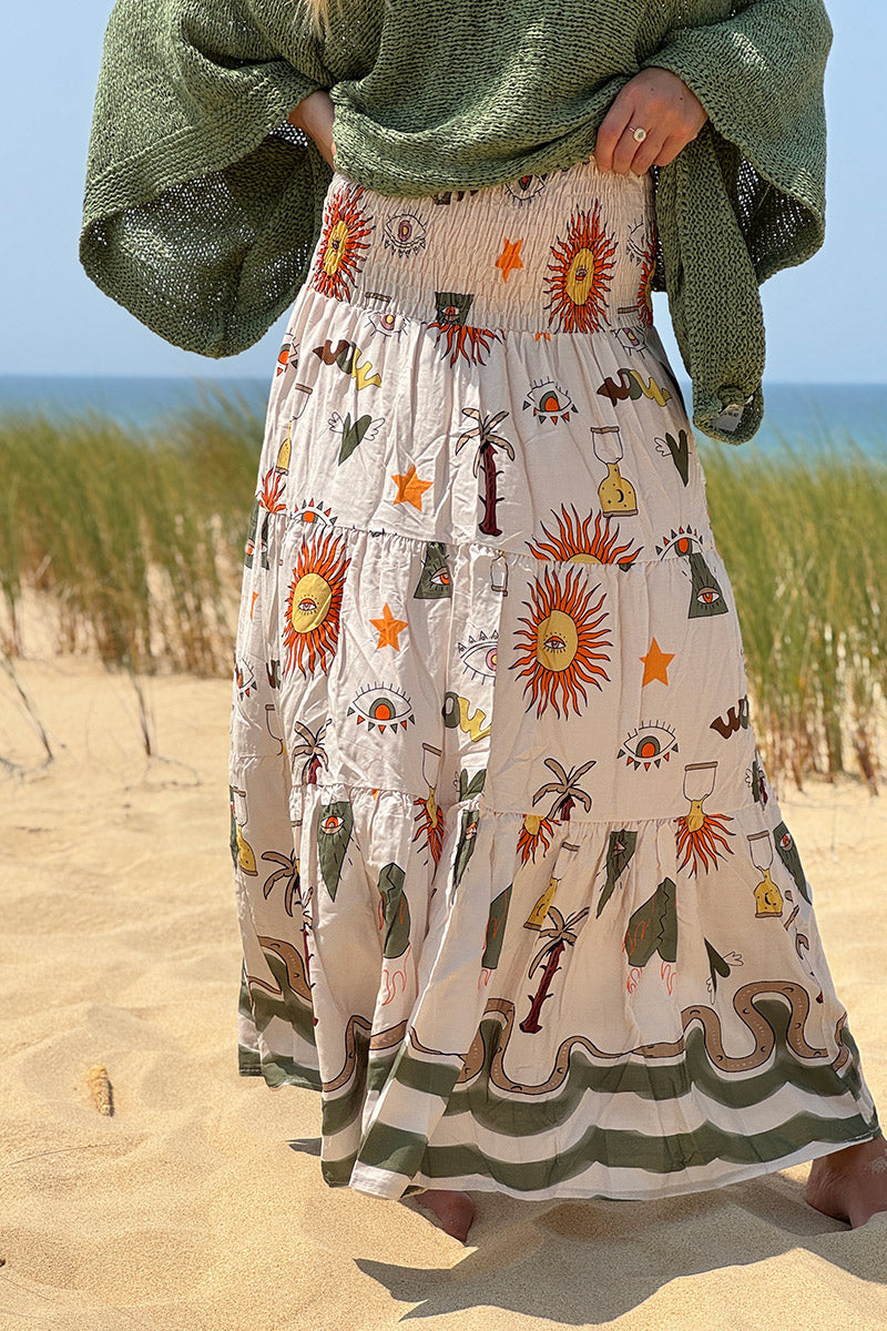 Olive Boho Art Maxi Skirt