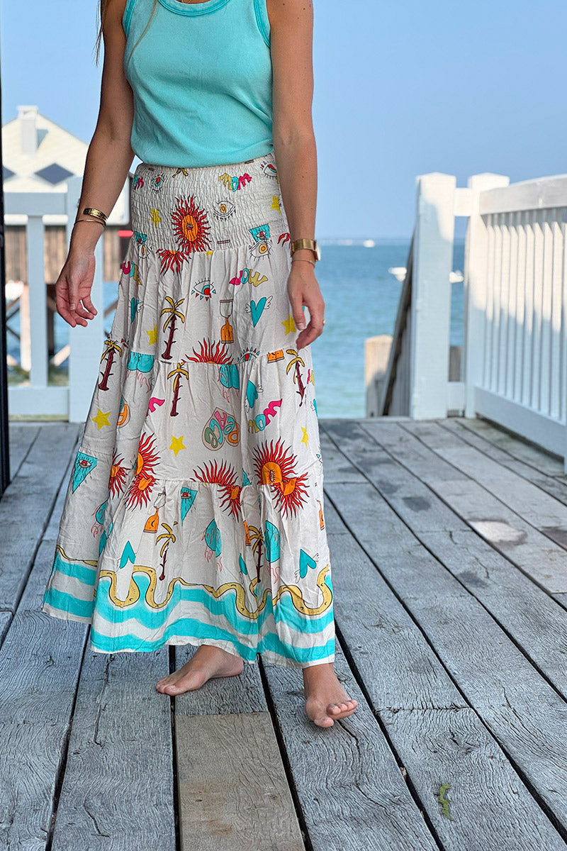 Turquoise Boho Art Maxi Skirt