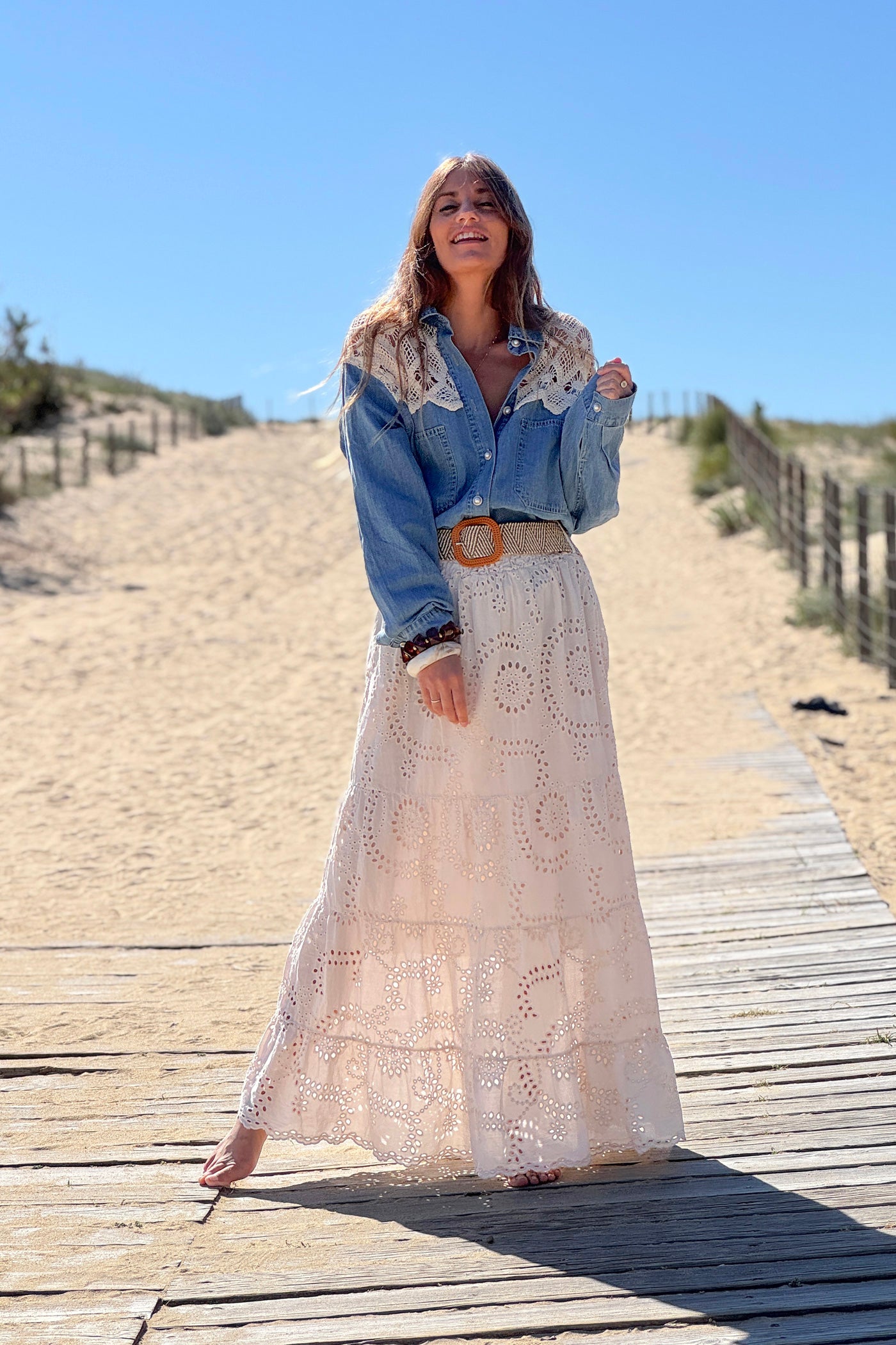 Beige Eyelet Prairie Skirt with Woven Belt