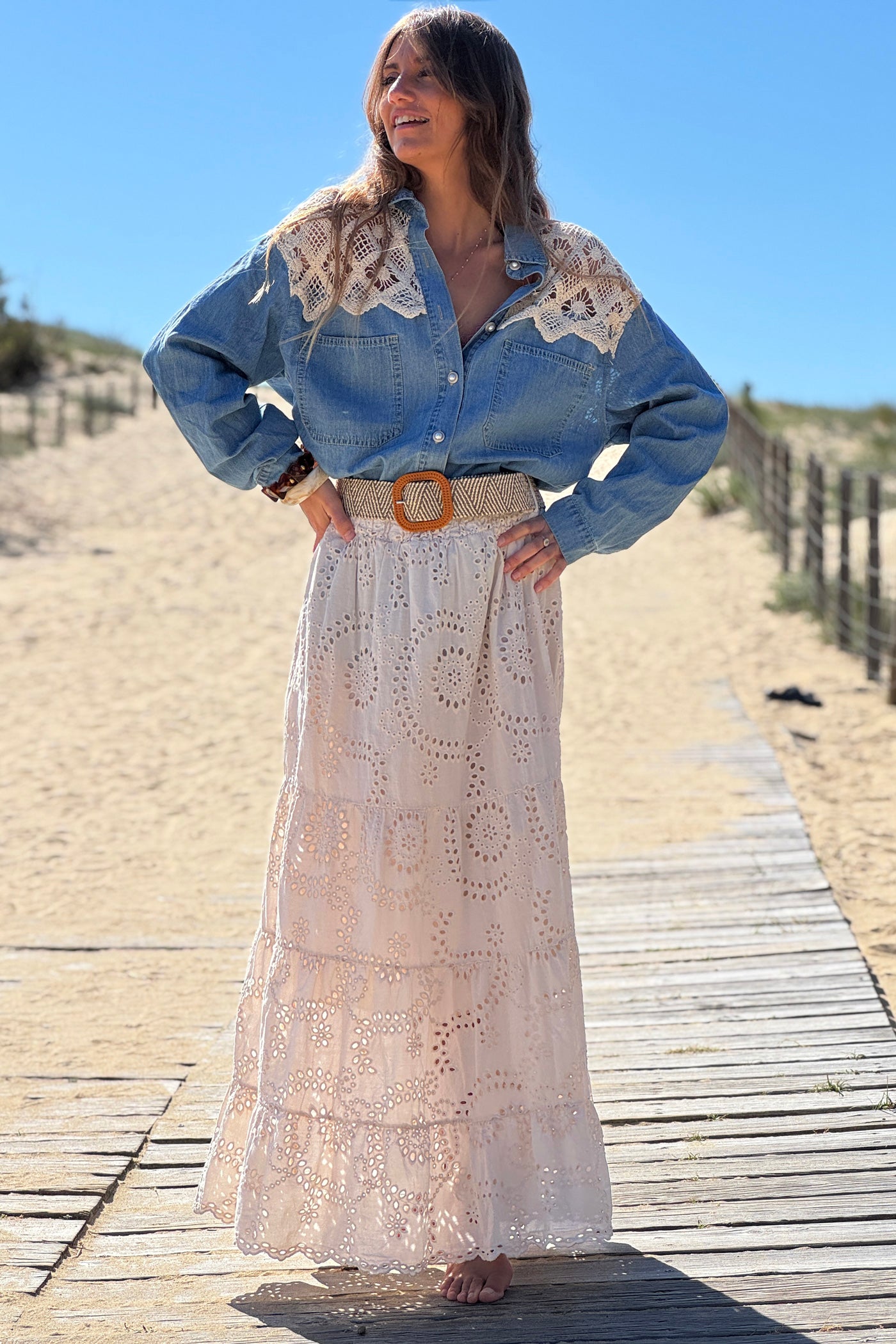Beige Eyelet Prairie Skirt with Woven Belt