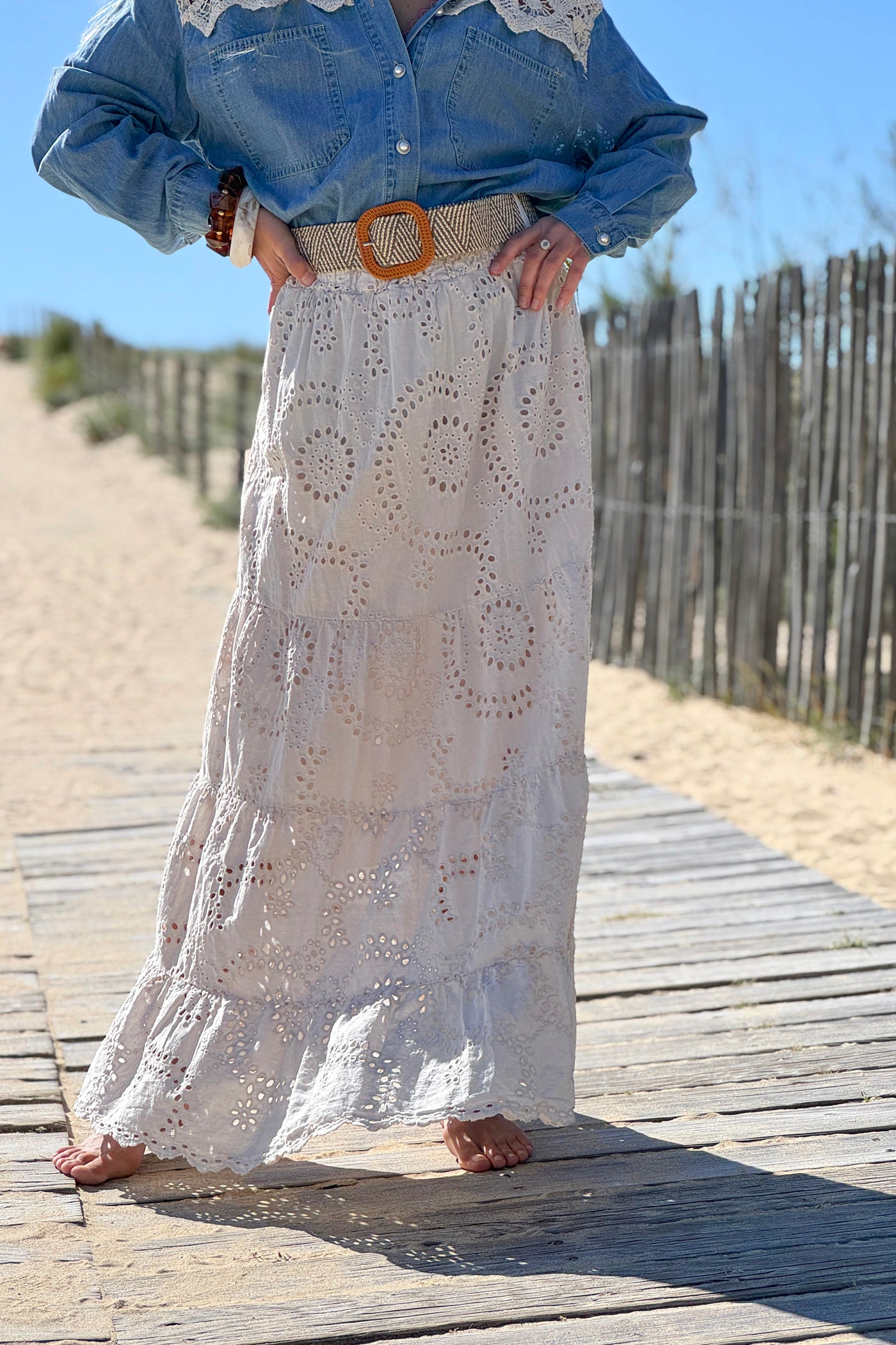 Beige Eyelet Prairie Skirt with Woven Belt