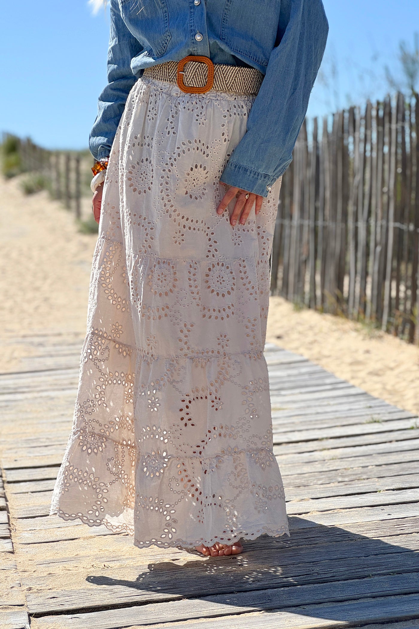 Beige Eyelet Prairie Skirt with Woven Belt
