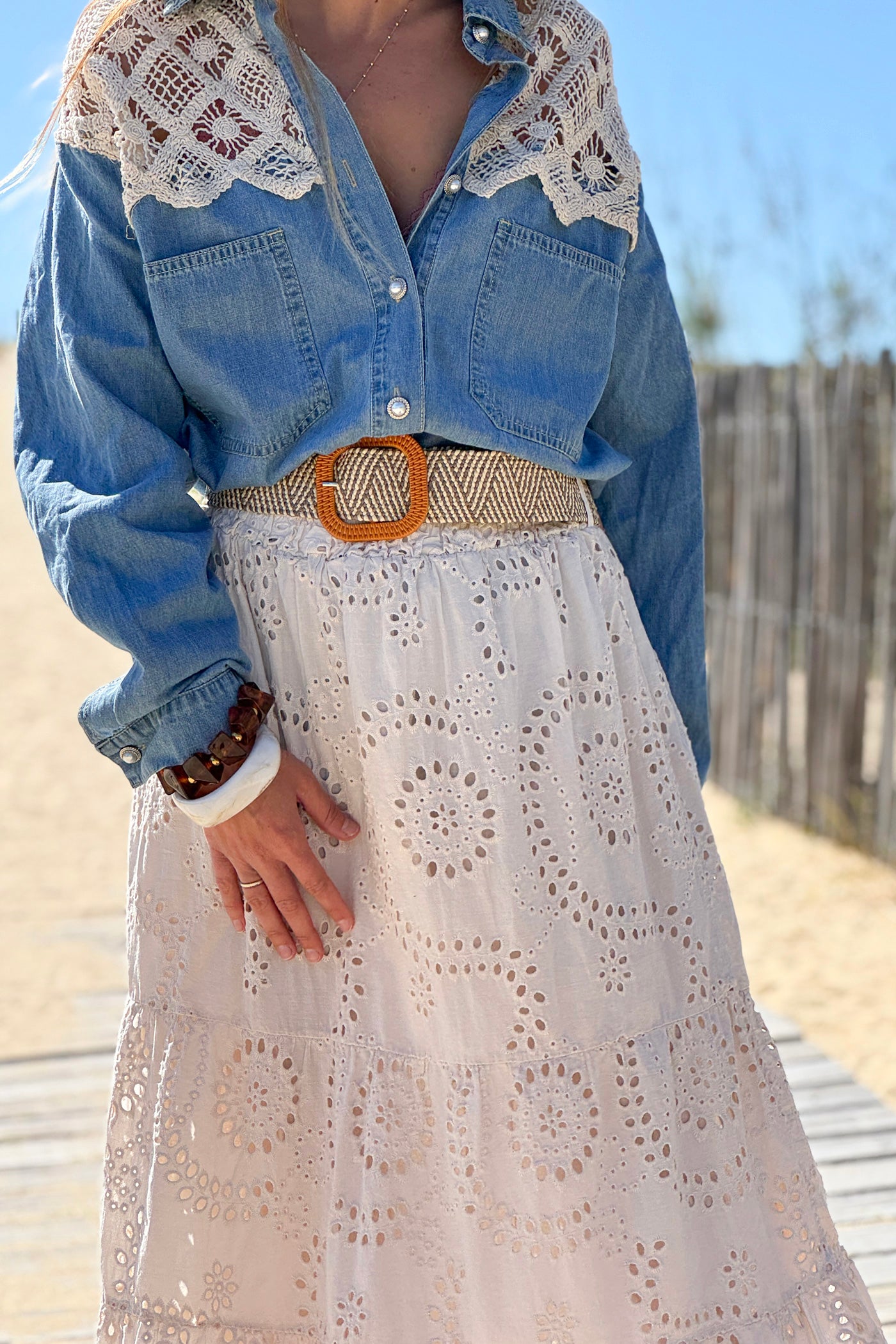 Beige Eyelet Prairie Skirt with Woven Belt