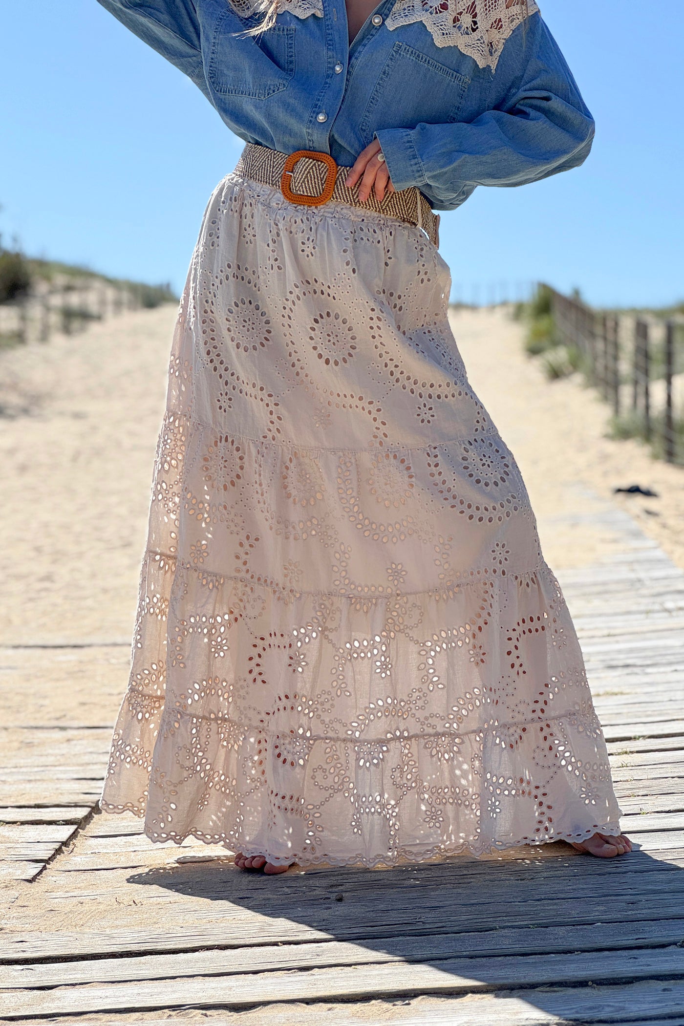 Beige Eyelet Prairie Skirt with Woven Belt