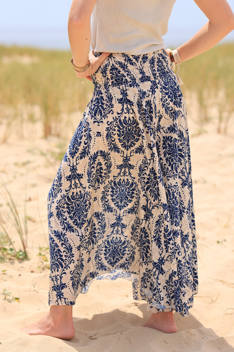 Floaty wide leg culottes with navy blue paisley and lys print