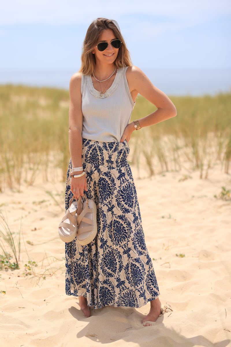 Floaty wide leg culottes with navy blue paisley and lys print