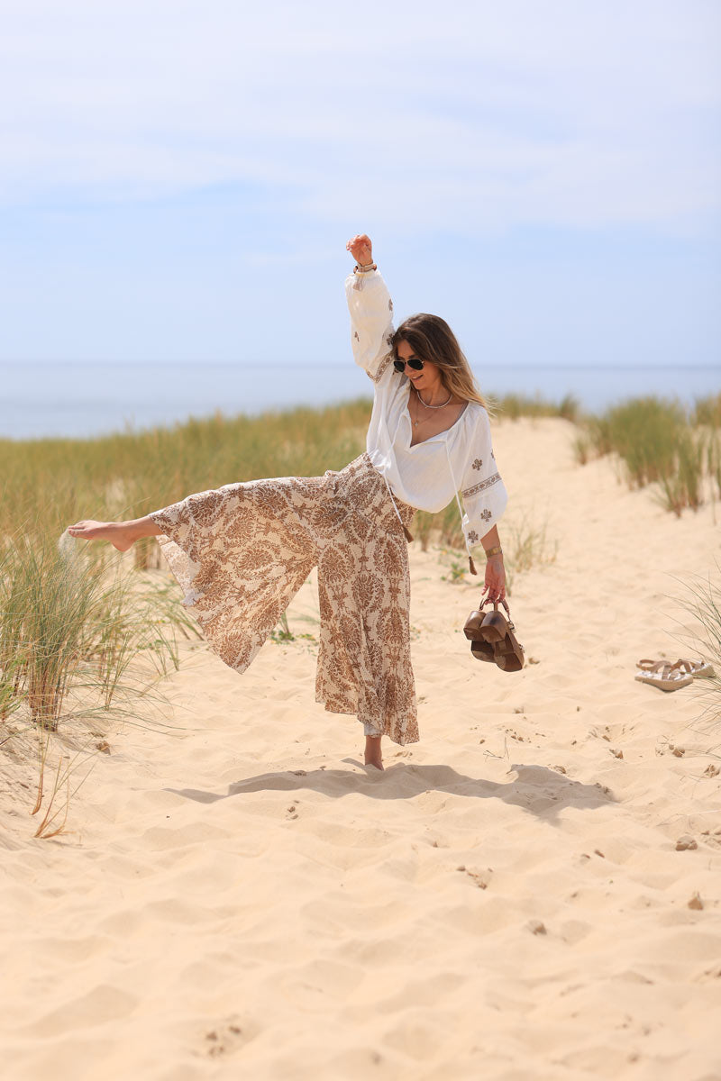 Floaty wide leg culottes with camel paisley and lys print